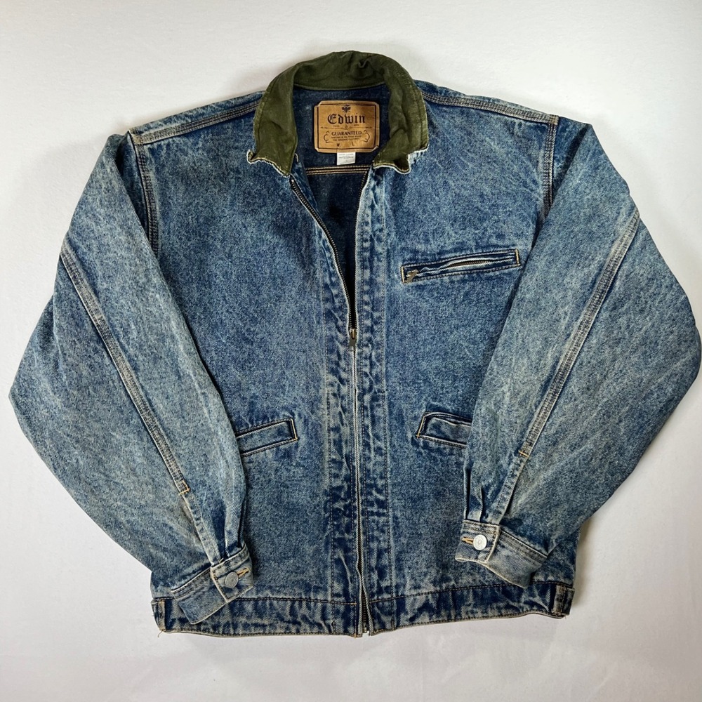 Vintage Edwin Tokyo Jeans Made in Japan Denim Jacket Corduroy Collar Zip Men's S